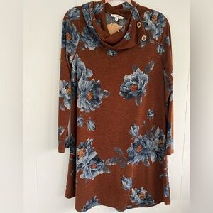 NEW Andree by Unit Brown Sweater Dress Blue Floral Cowl Neck Buttons Size L